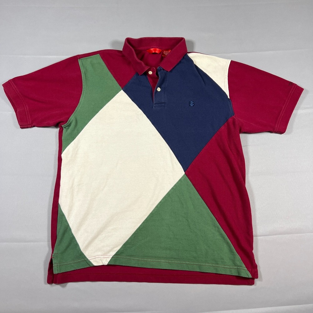 Izod Polo Shirt Mens L Multicolor Colorblock Cotton Side Slit Performance Golf